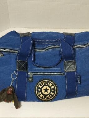 Vintage Y2K Kipling Nylon Weekender, Duffle Travel Bag, Bright Blue, 18x11.5x9